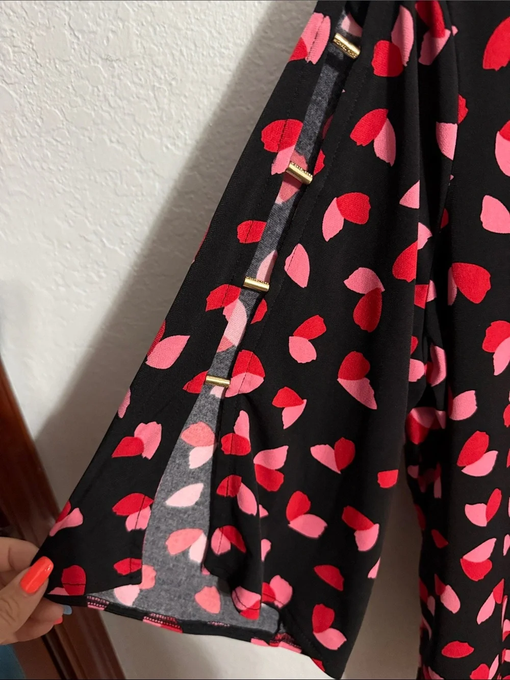Michael Kors Black V-Neck Blouse with Red & Pink Petal Print